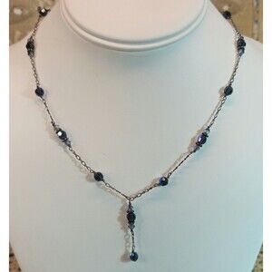 Iridescent Silver Tone Y-Drop Necklace w/ Faceted Blue Beads Blue Green 18"